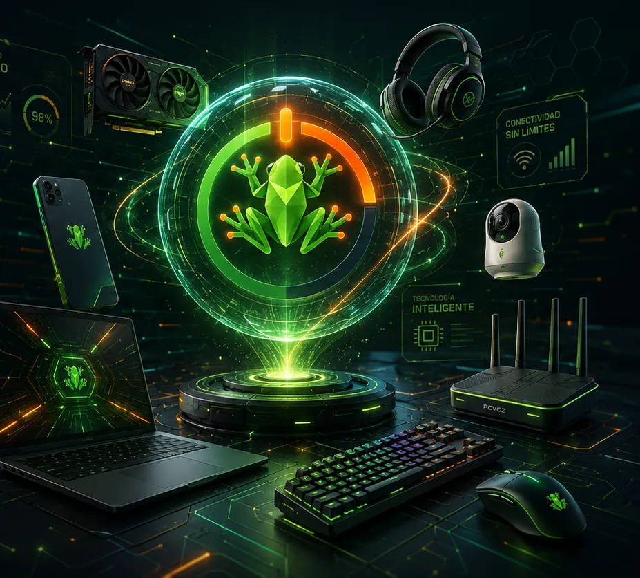 Portátil, teclado, ratón, router, cámara y auriculares alrededor del logo de Pcvoz Store